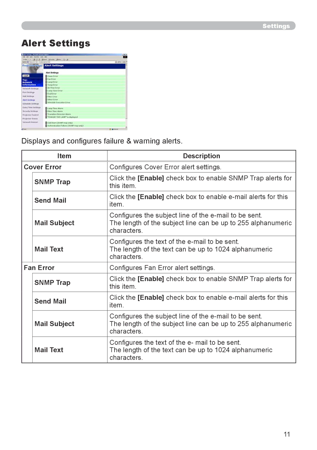 Dukane 8943, 8918 user manual Alert Settings, Displays and configures failure & warning alerts 