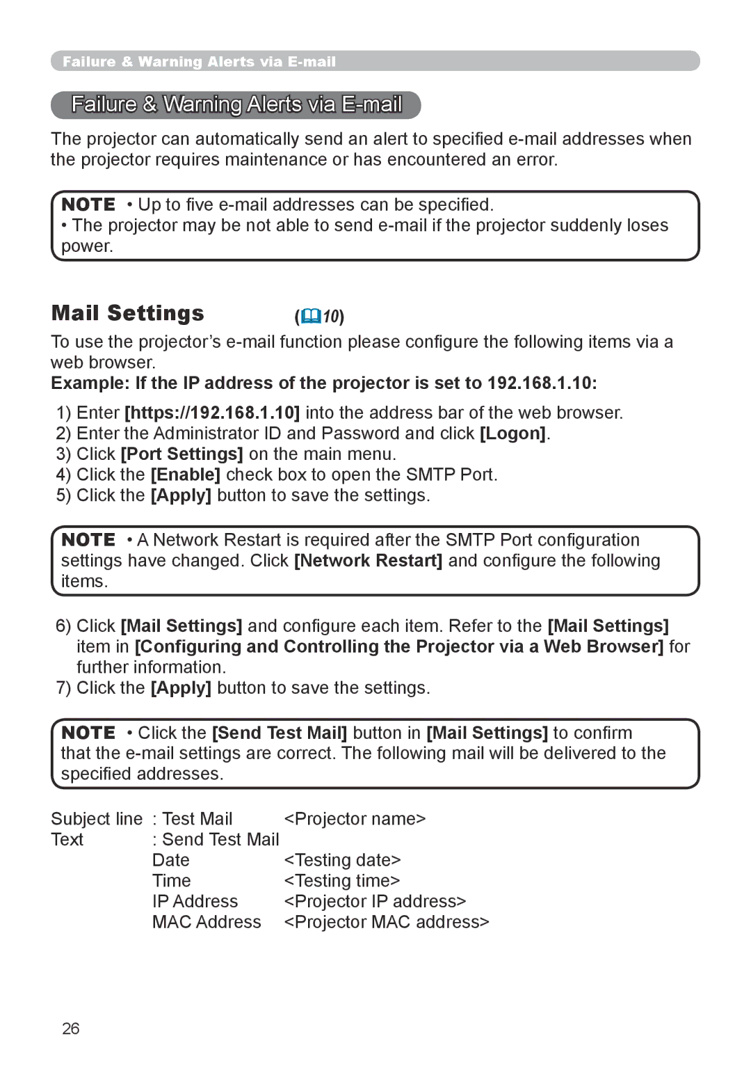 Dukane 8918, 8943 Failure & Warning Alerts via E -mail, 10, Example If the IP address of the projector is set to 