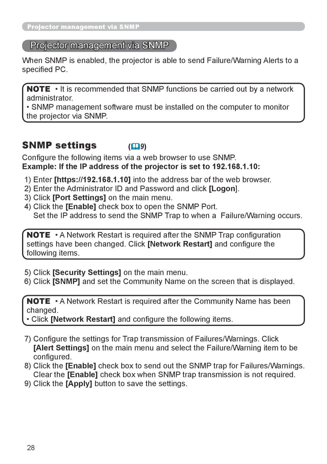 Dukane 8918 Projector management via Snmp, Snmp settings, Configure the following items via a web browser to use Snmp 