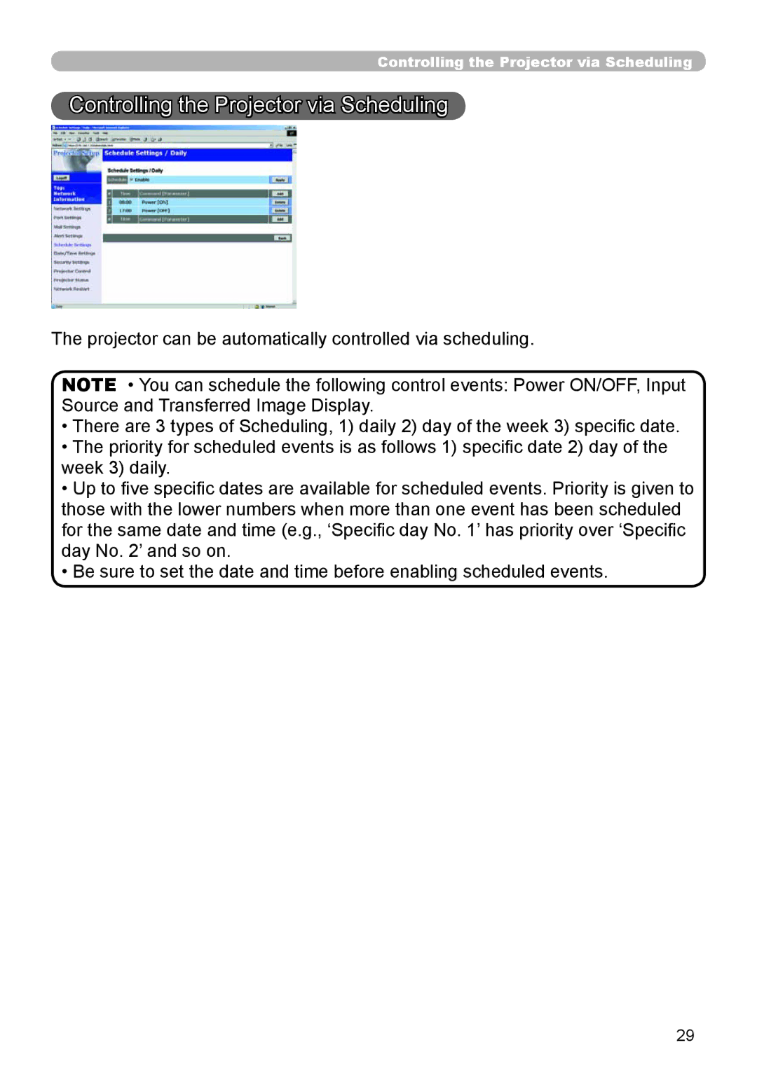 Dukane 8943, 8918 user manual Controlling the Projector via Scheduling 