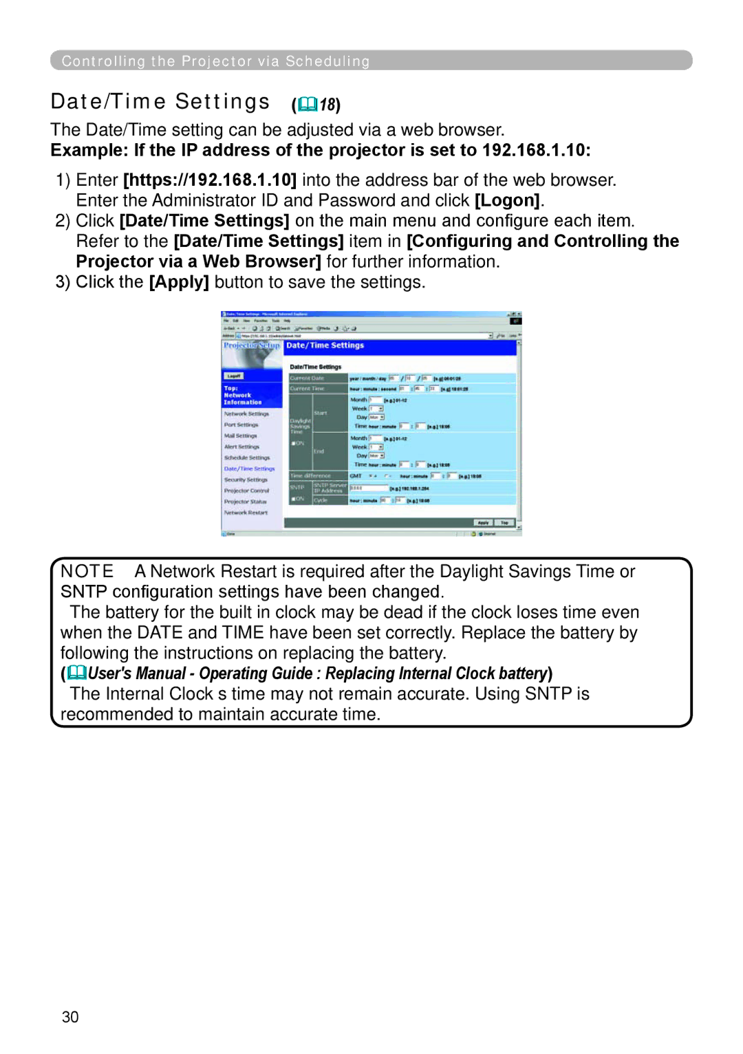 Dukane 8918, 8943 user manual Date/Time Settings 18, Date/Time setting can be adjusted via a web browser 