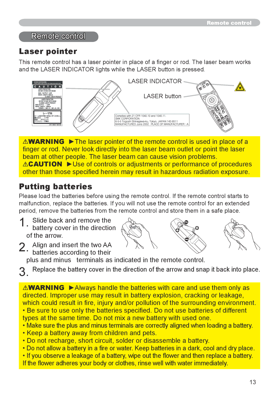 Dukane 8943, 8918 user manual Remote control, Laser pointer, Putting batteries, Laser button 