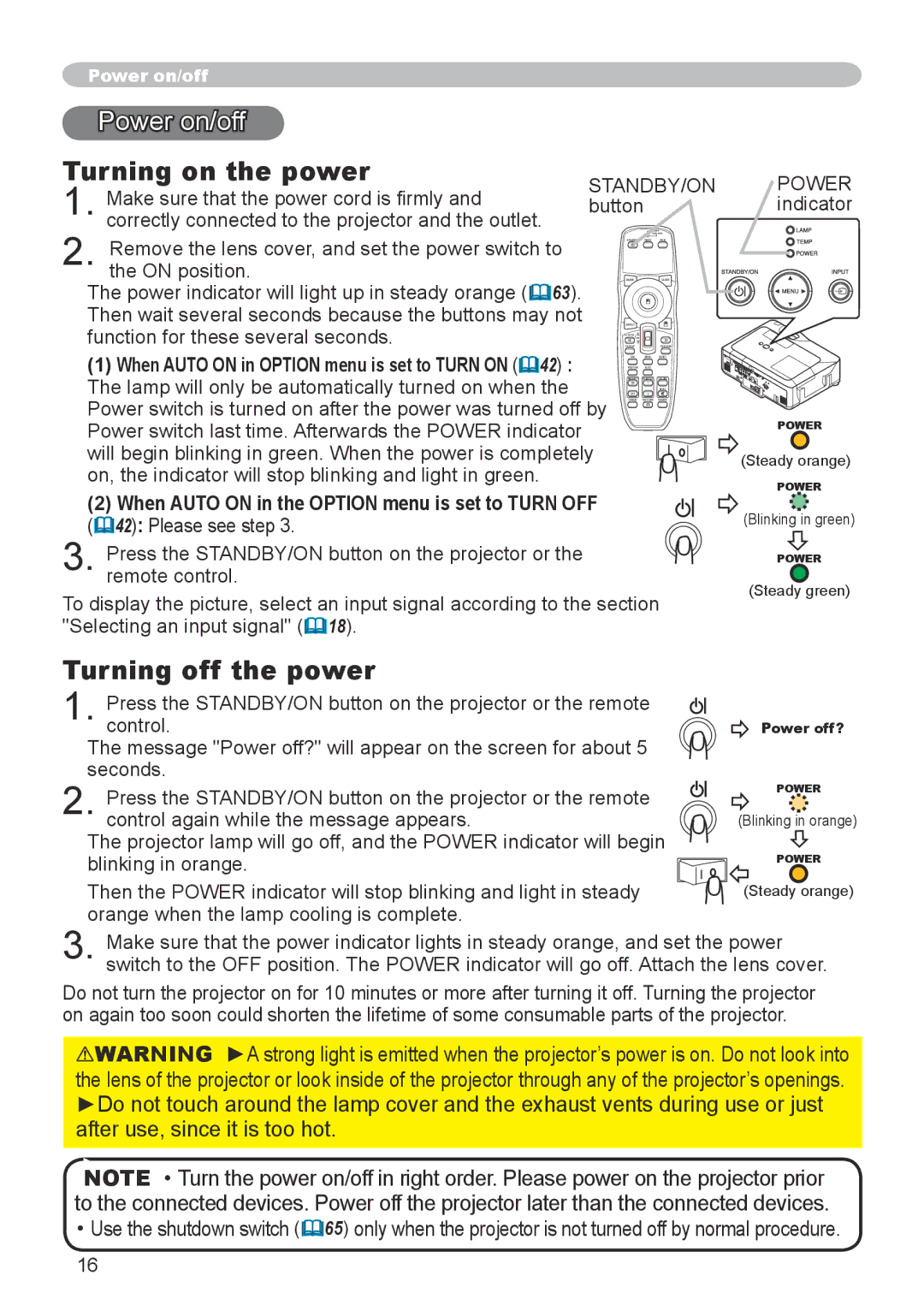 Dukane 8918 Power on/off, Turning on the power, Turning off the power, Lamp will only be automatically turned on when 