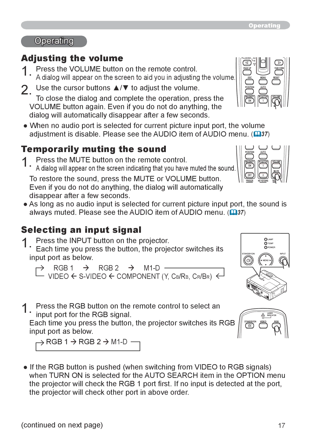 Dukane 8943, 8918 user manual Operating, Adjusting the volume, Temporarily muting the sound, Selecting an input signal 