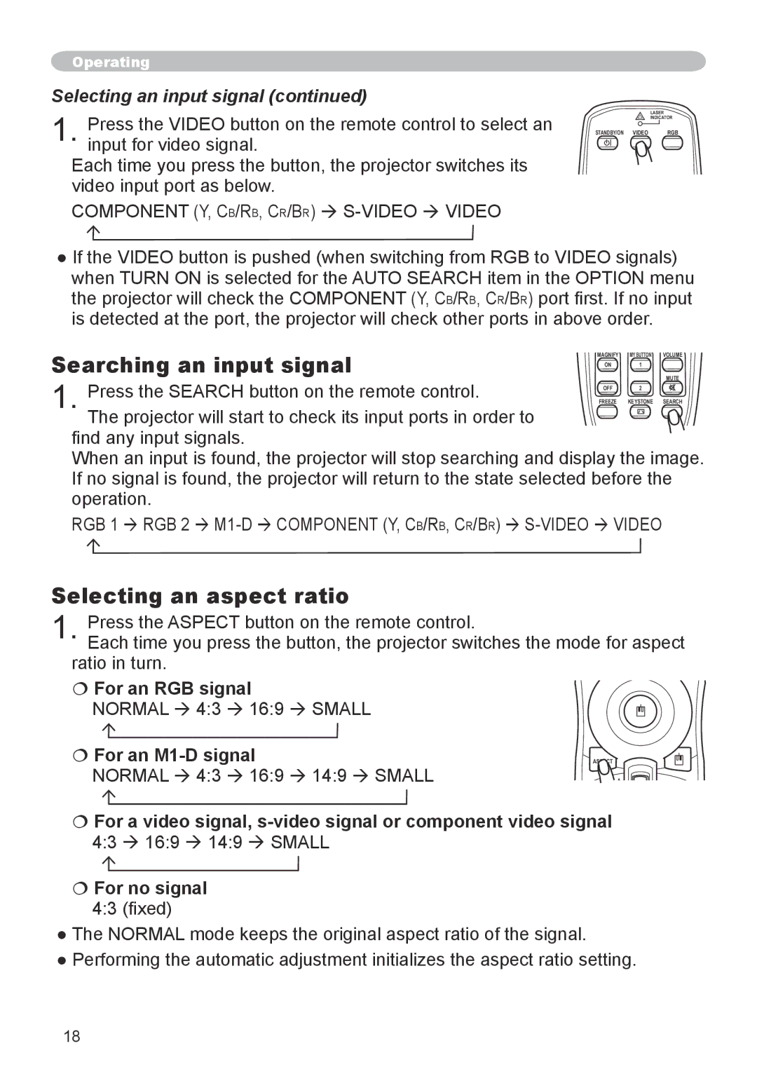 Dukane 8918, 8943 user manual Searching an input signal, Selecting an aspect ratio, Selecting an input signal 