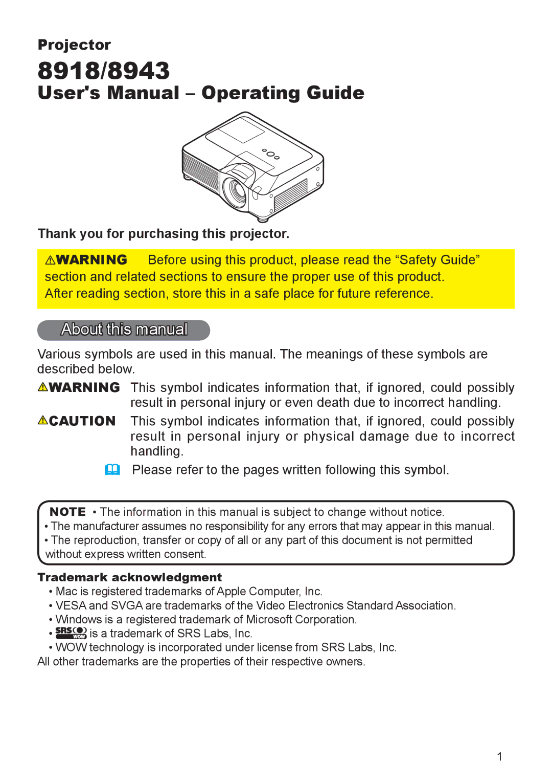 Dukane 8943, 8918 user manual About this manual, Thank you for purchasing this projector, Trademark acknowledgment 