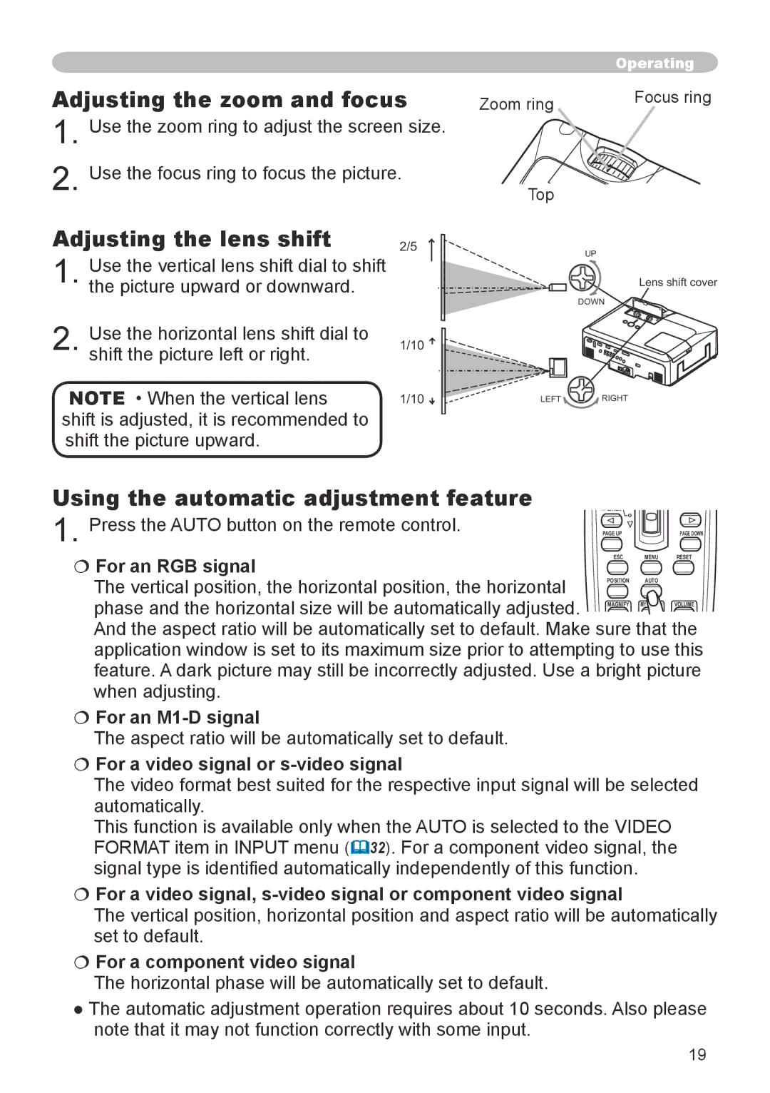 Dukane 8943, 8918 user manual Adjusting the zoom and focus, Adjusting the lens shift, Using the automatic adjustment feature 