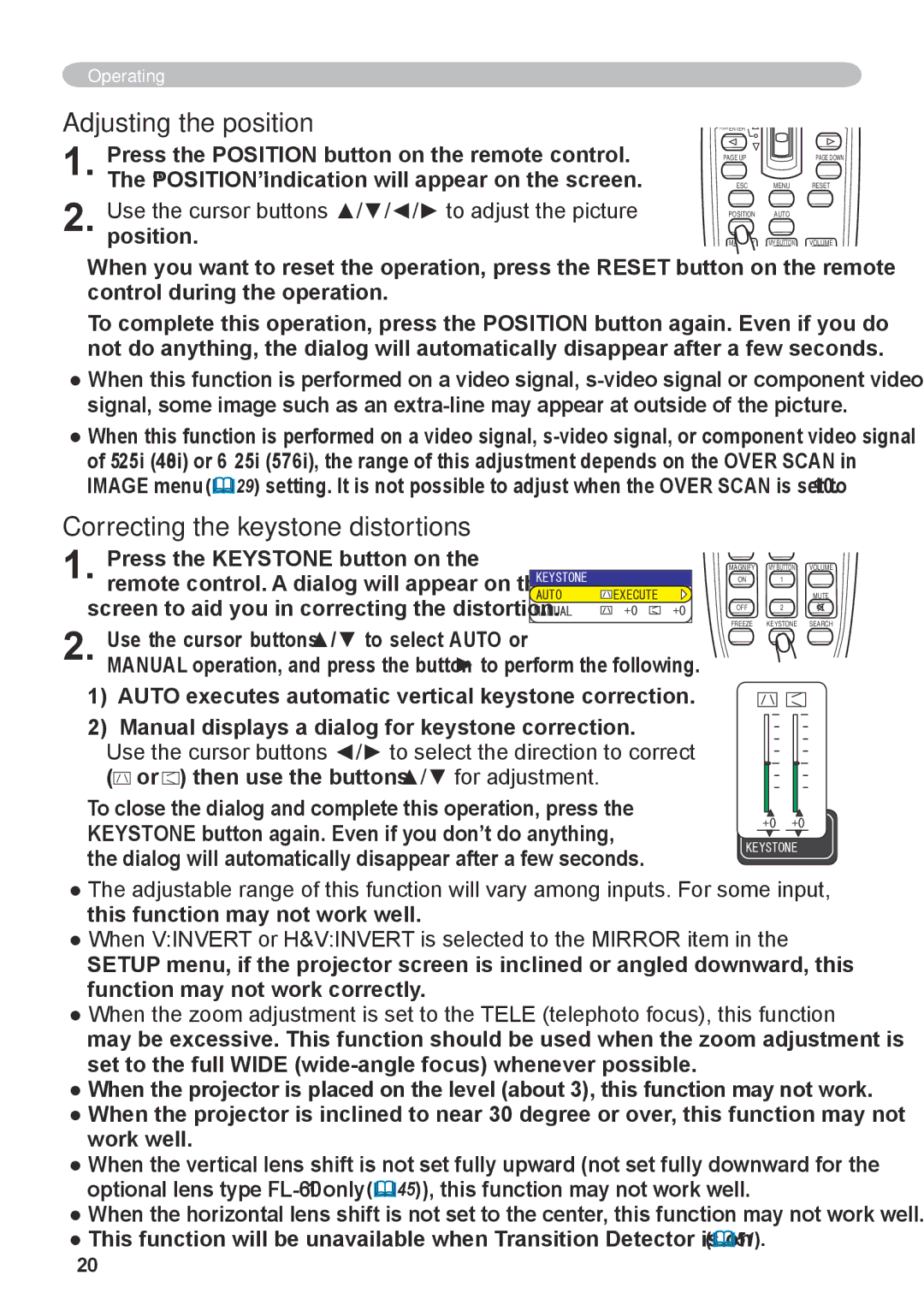 Dukane 8918, 8943 user manual Adjusting the position, Correcting the keystone distortions, Press the Keystone button on 