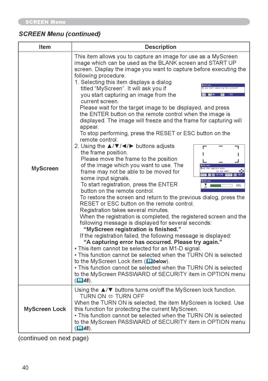 Dukane 8918, 8943 user manual MyScreen registration is finished, Capturing error has occurred. Please try again 