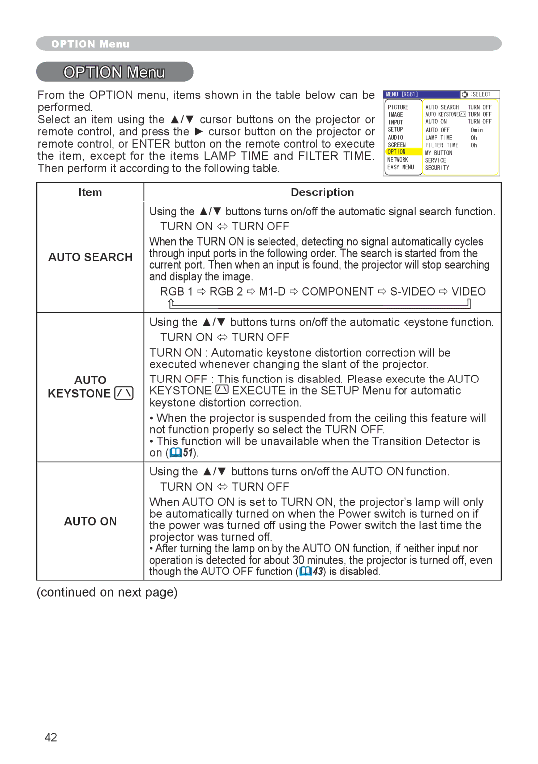 Dukane 8918, 8943 user manual Option Menu, Auto Search, Auto on 