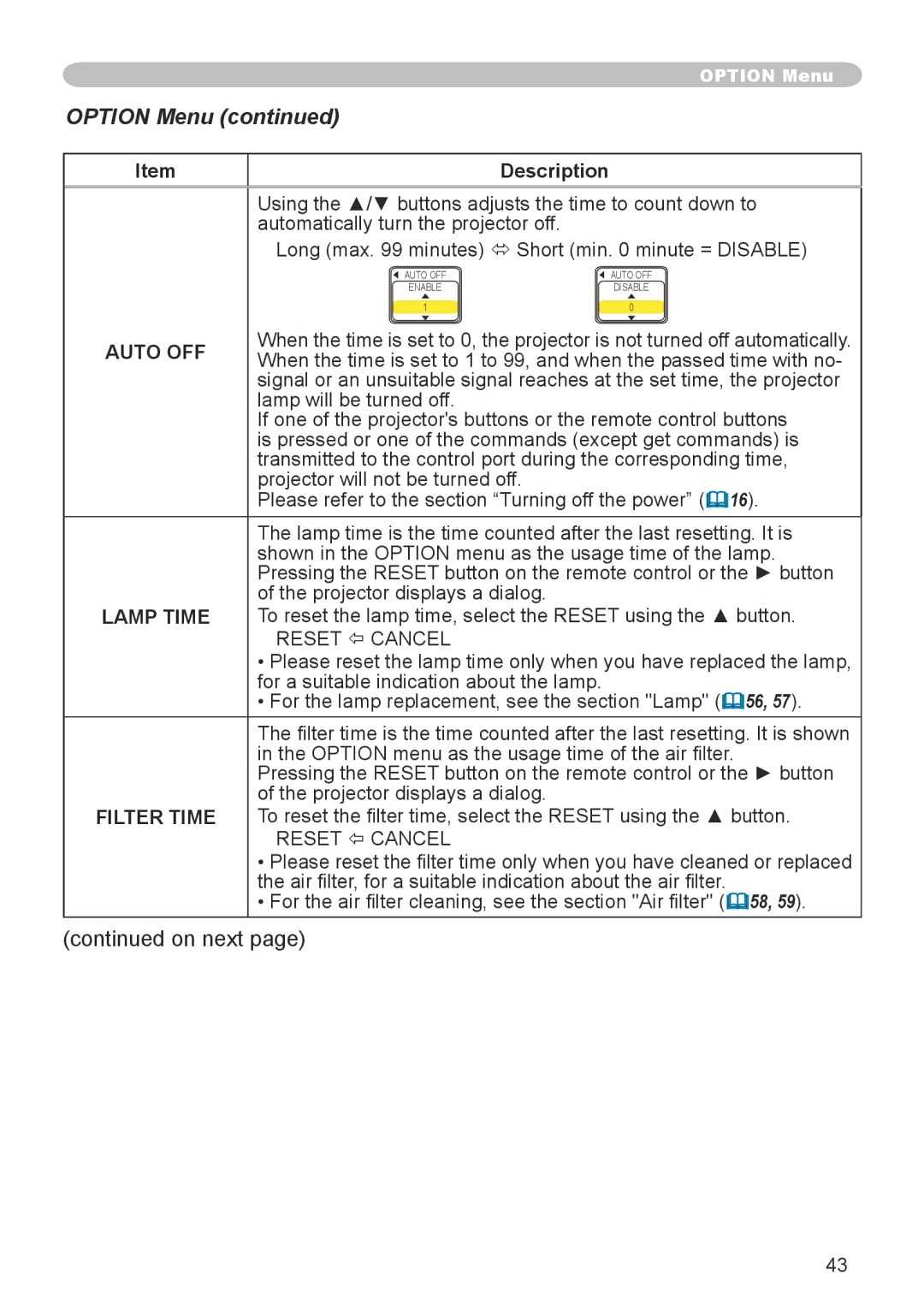 Dukane 8943, 8918 user manual Option Menu, Auto OFF, Lamp Time 