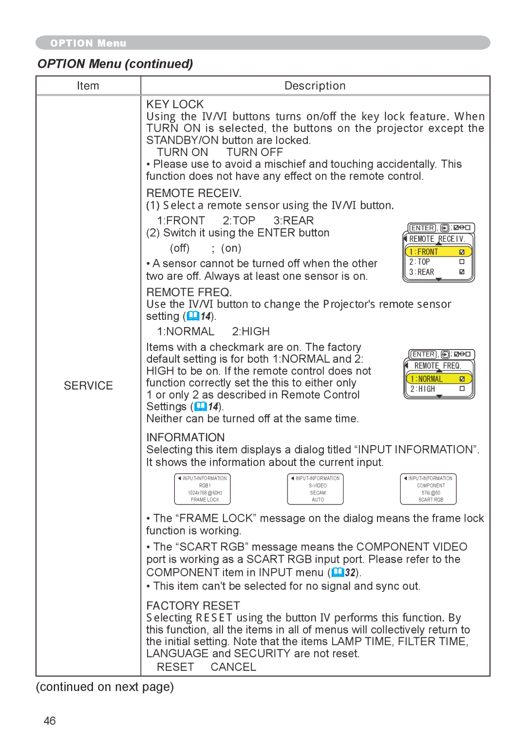 Dukane 8918, 8943 user manual KEY Lock, Remote Receiv, Remote Freq, Information, Factory Reset 