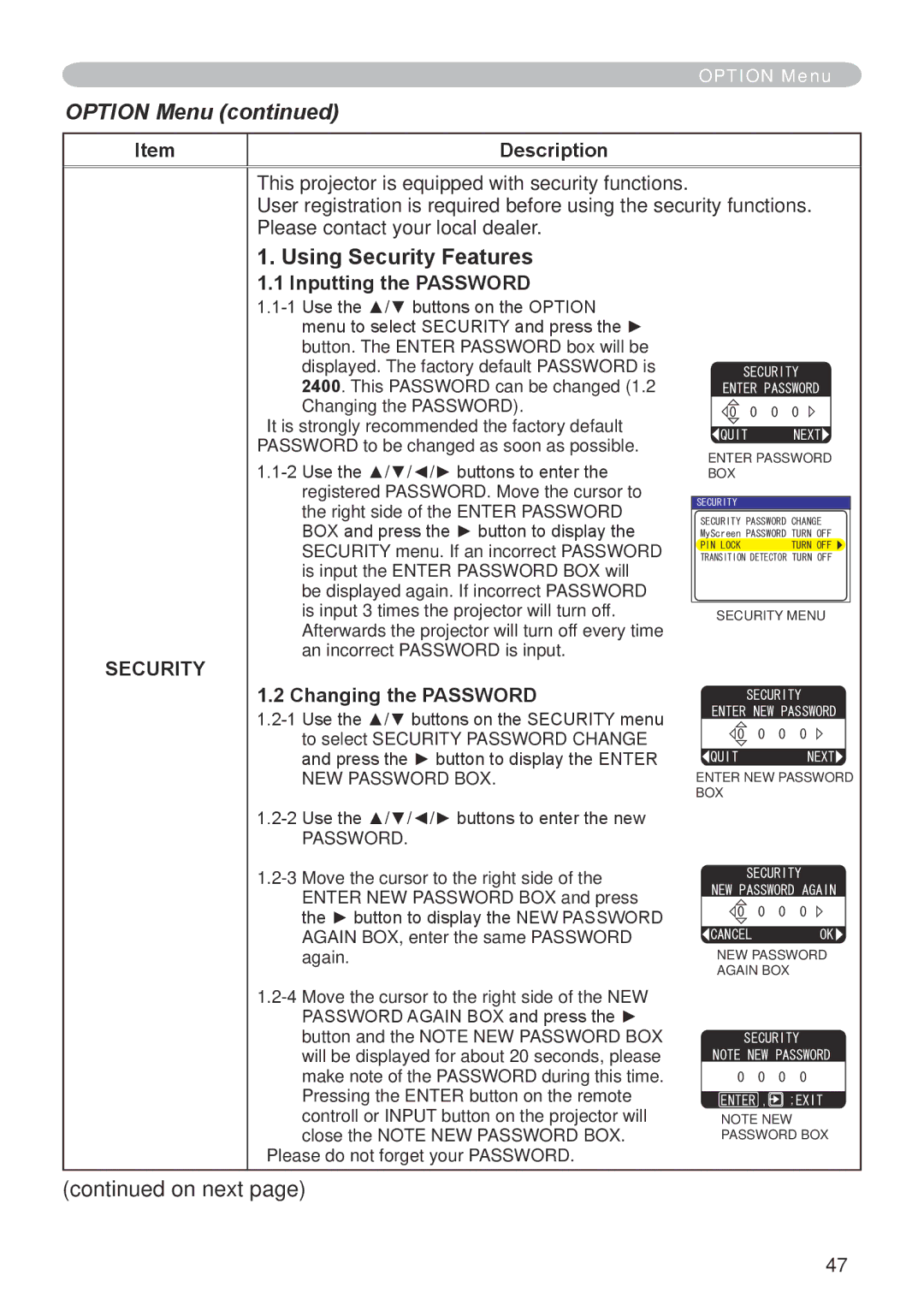 Dukane 8943, 8918 user manual Using Security Features, Inputting the Password, Changing the Password 