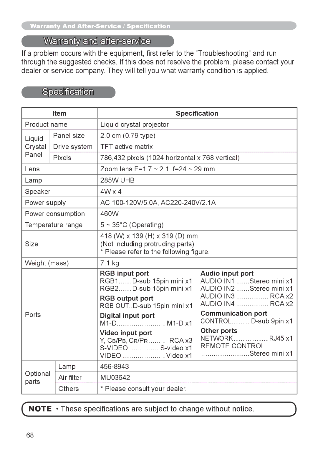 Dukane 8918, 8943 user manual Warranty and after-service, Specification 