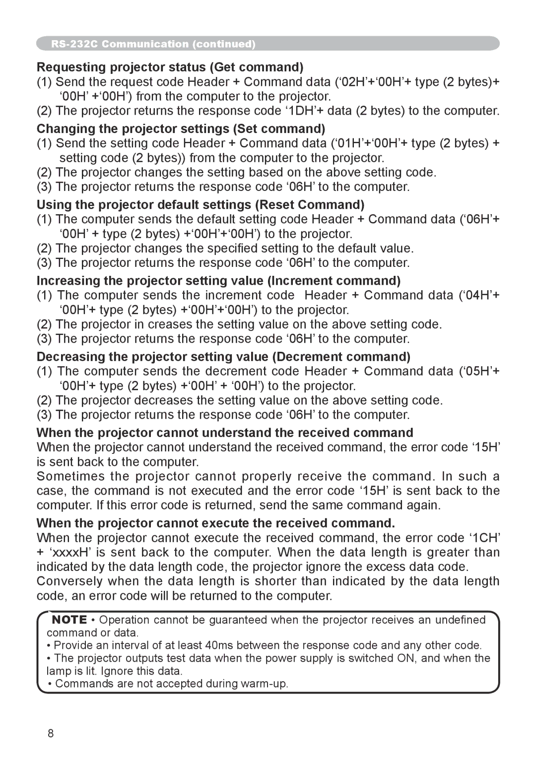 Dukane 8943, 8918 user manual Requesting projector status Get command, Changing the projector settings Set command 