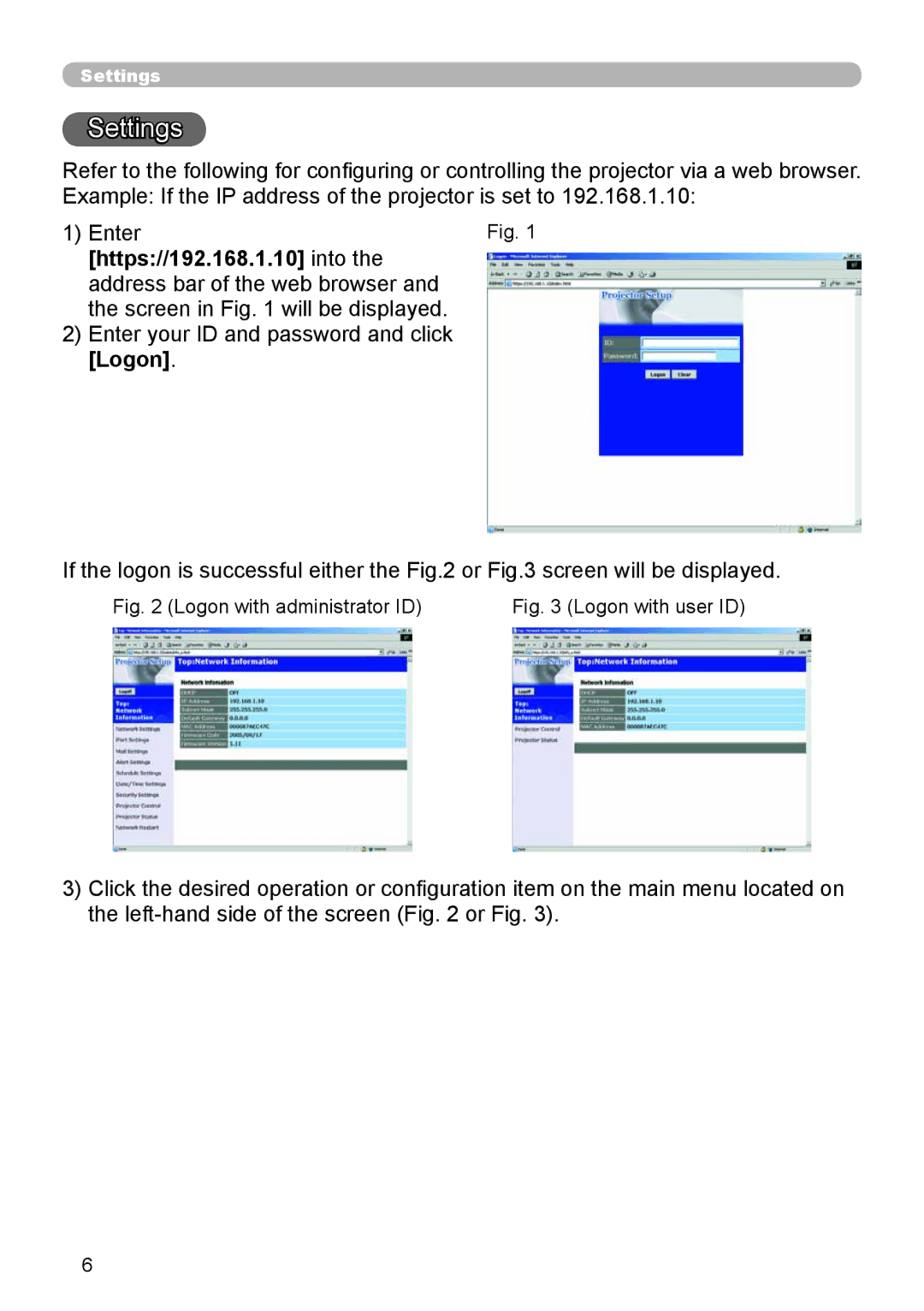 Dukane 8918, 8943 user manual Settings, Https//192.168.1.10 into 