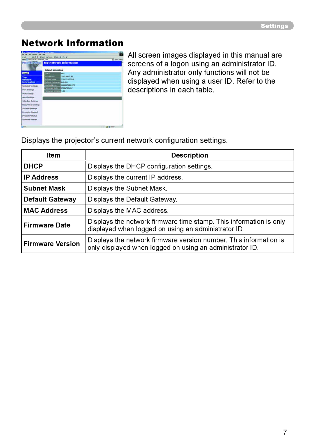 Dukane 8943, 8918 user manual Network Information, Displays the Dhcp configuration settings 