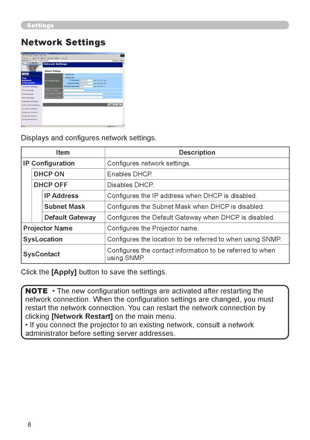 Dukane 8918, 8943 user manual Network Settings, Displays and configures network settings, Dhcp on, Dhcp OFF 