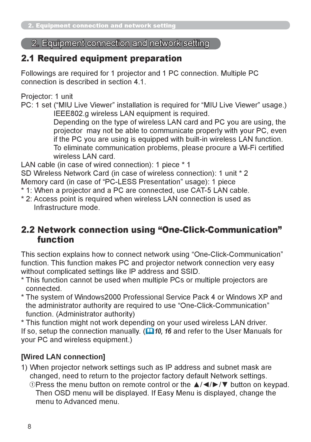 Dukane 8944 user manual Equipment connection and network setting, Required equipment preparation, Wired LAN connection 