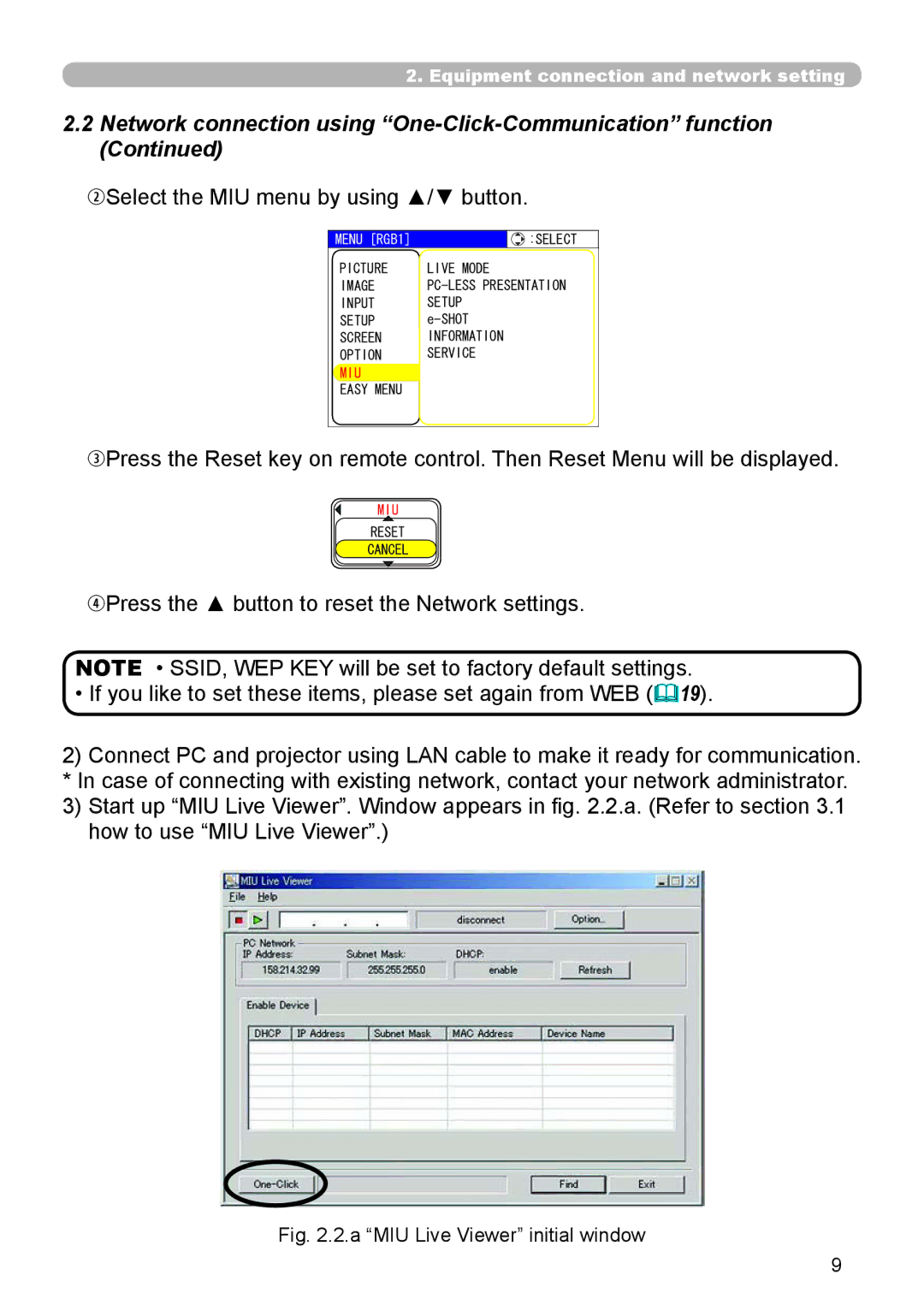 Dukane 8944 user manual Network connection using One-Click-Communication function, WSelect the MIU menu by using / button 