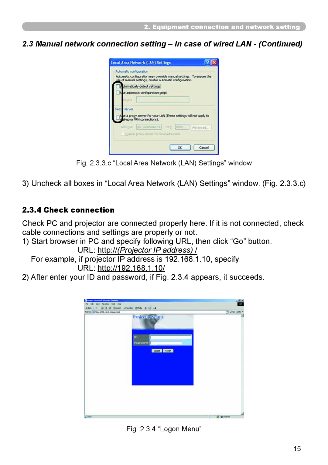 Dukane 8944 user manual Check connection, c Local Area Network LAN Settings window 