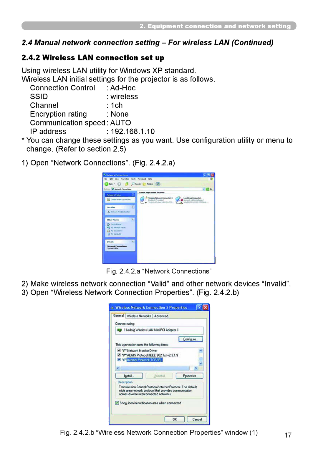 Dukane 8944 user manual Manual network connection setting For wireless LAN, Wireless LAN connection set up 