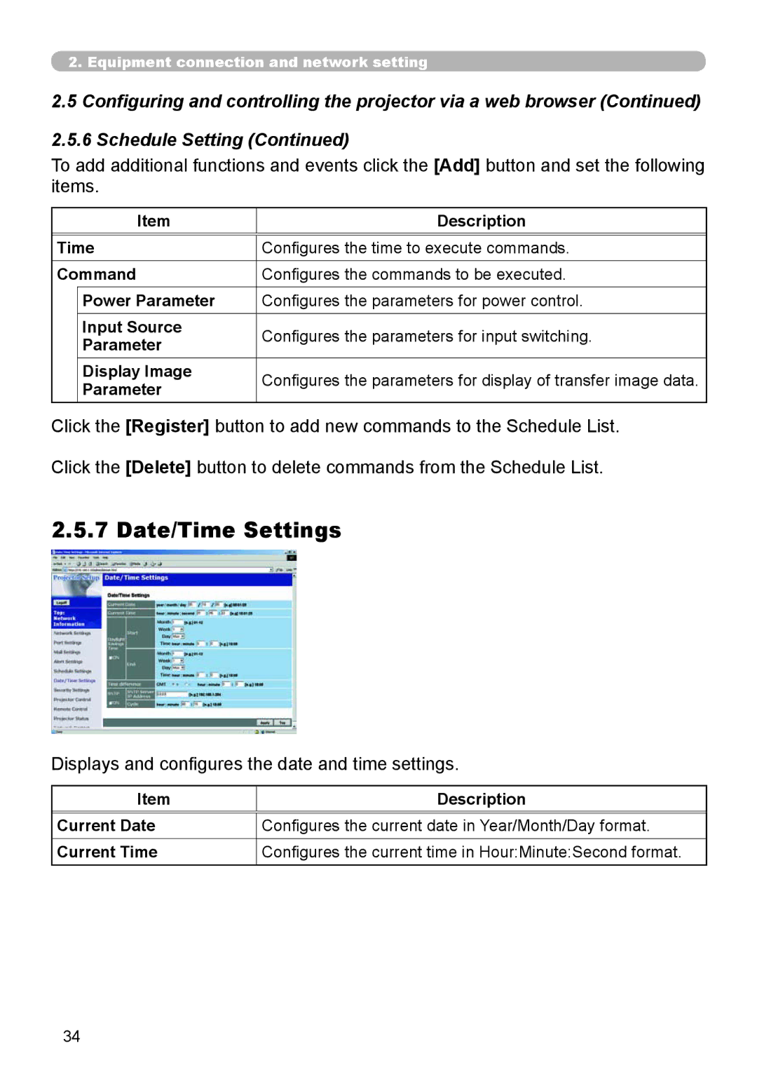 Dukane 8944 user manual Date/Time Settings, Displays and configures the date and time settings, Parameter 