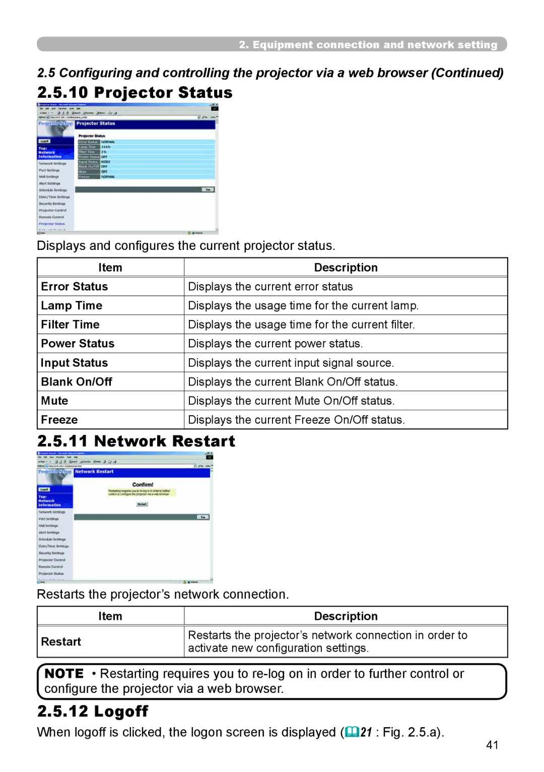 Dukane 8944 user manual Projector Status, Network Restart, Logoff, Displays and configures the current projector status 