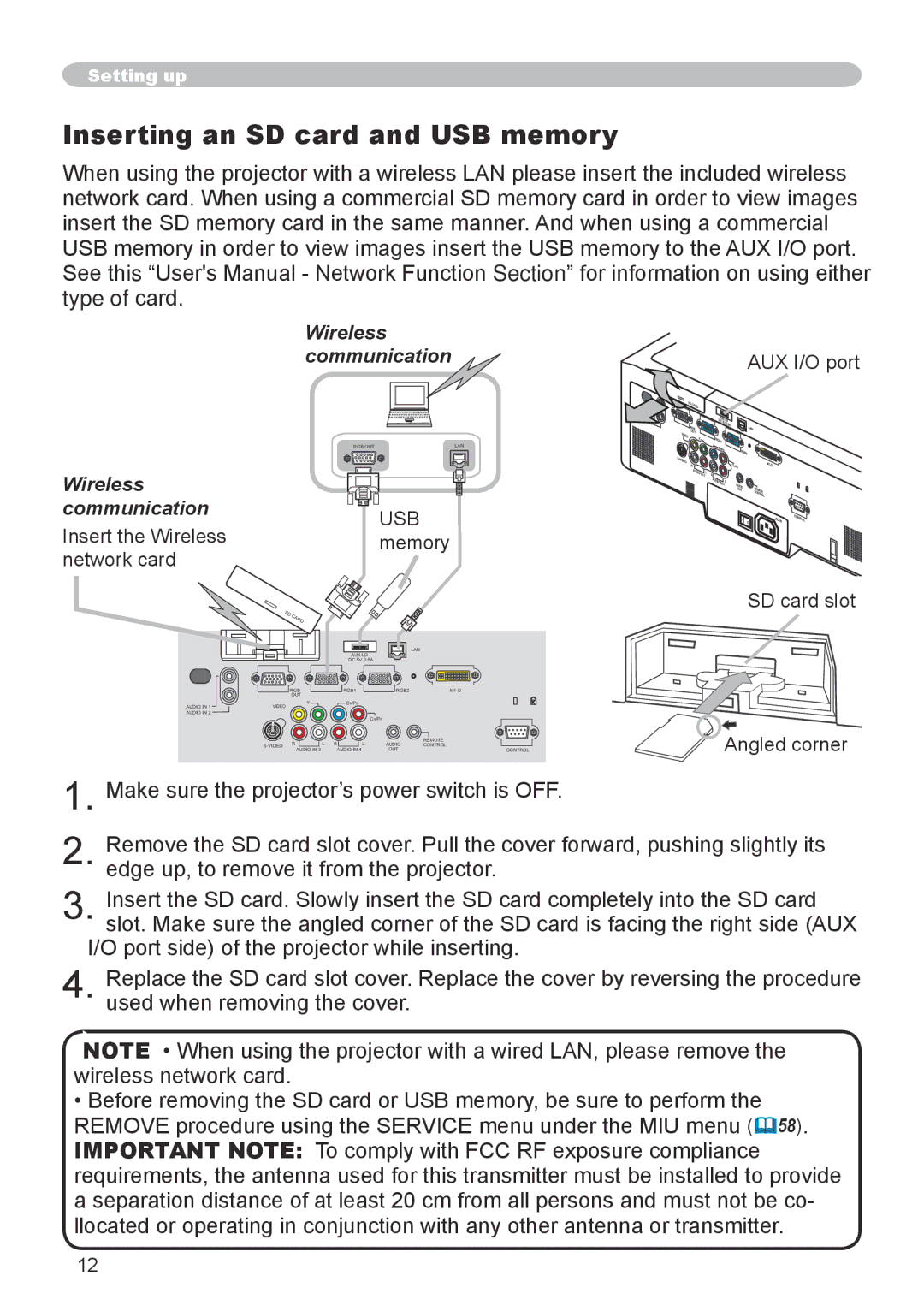 Dukane 8944 user manual Inserting an SD card and USB memory, Type of card 