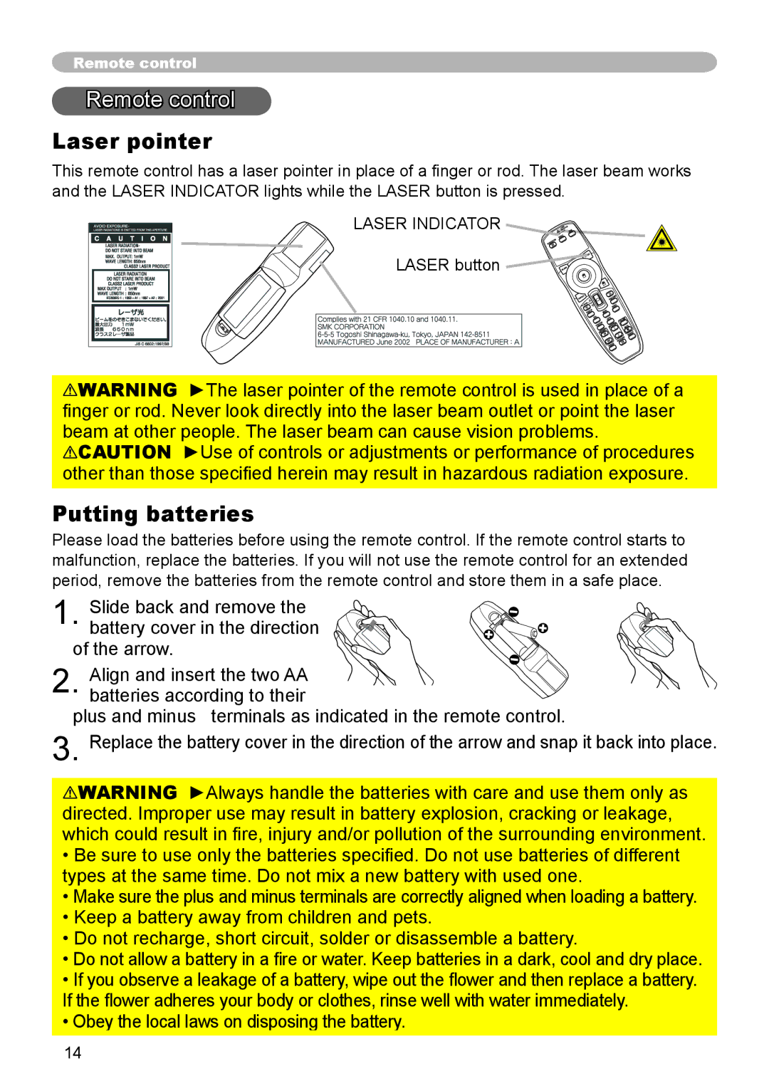 Dukane 8944 user manual Remote control, Laser pointer, Putting batteries, Obey the local laws on disposing the battery 