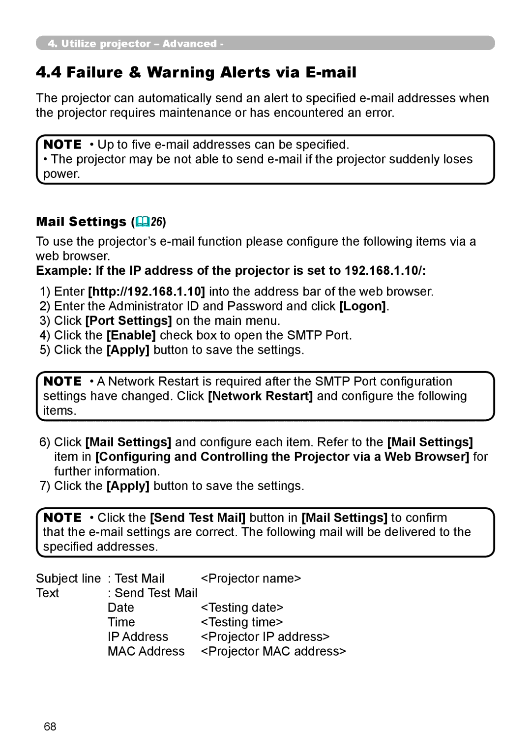 Dukane 8944 Failure & Warning Alerts via E-mail, Mail Settings 26, Example If the IP address of the projector is set to 