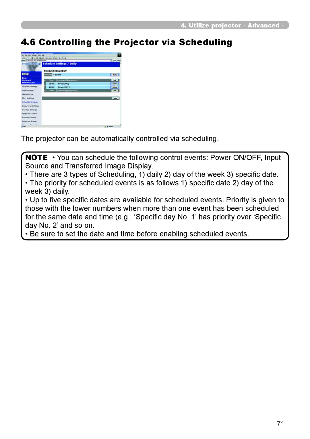 Dukane 8944 user manual Controlling the Projector via Scheduling 