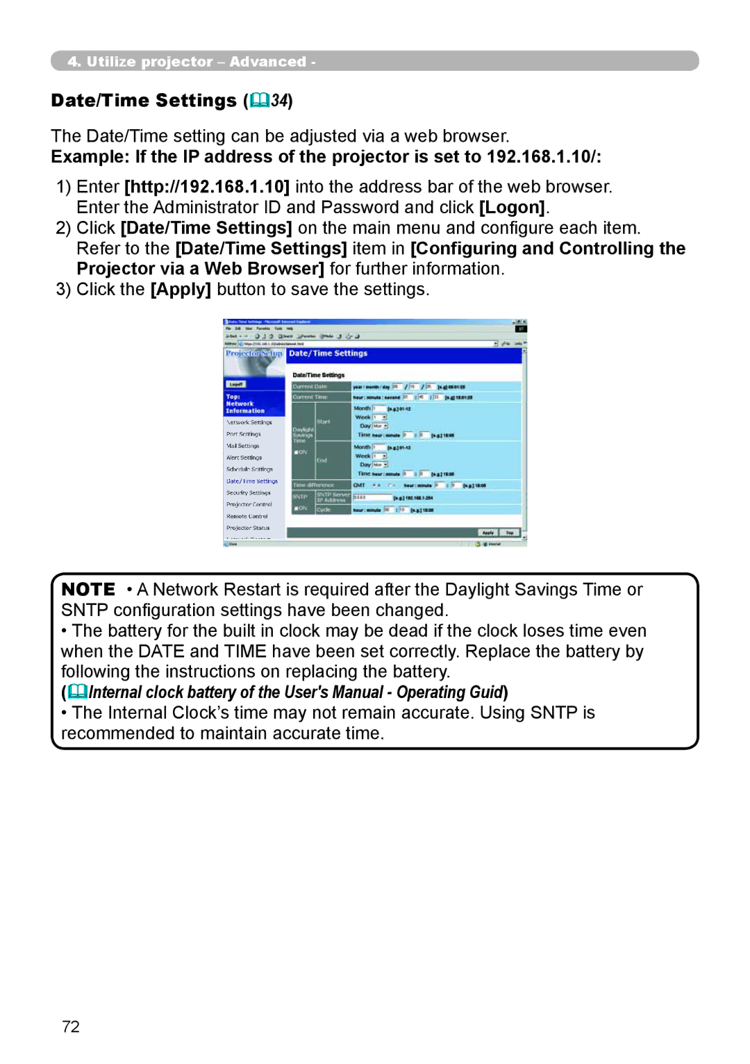 Dukane 8944 user manual Date/Time Settings 34, Date/Time setting can be adjusted via a web browser 