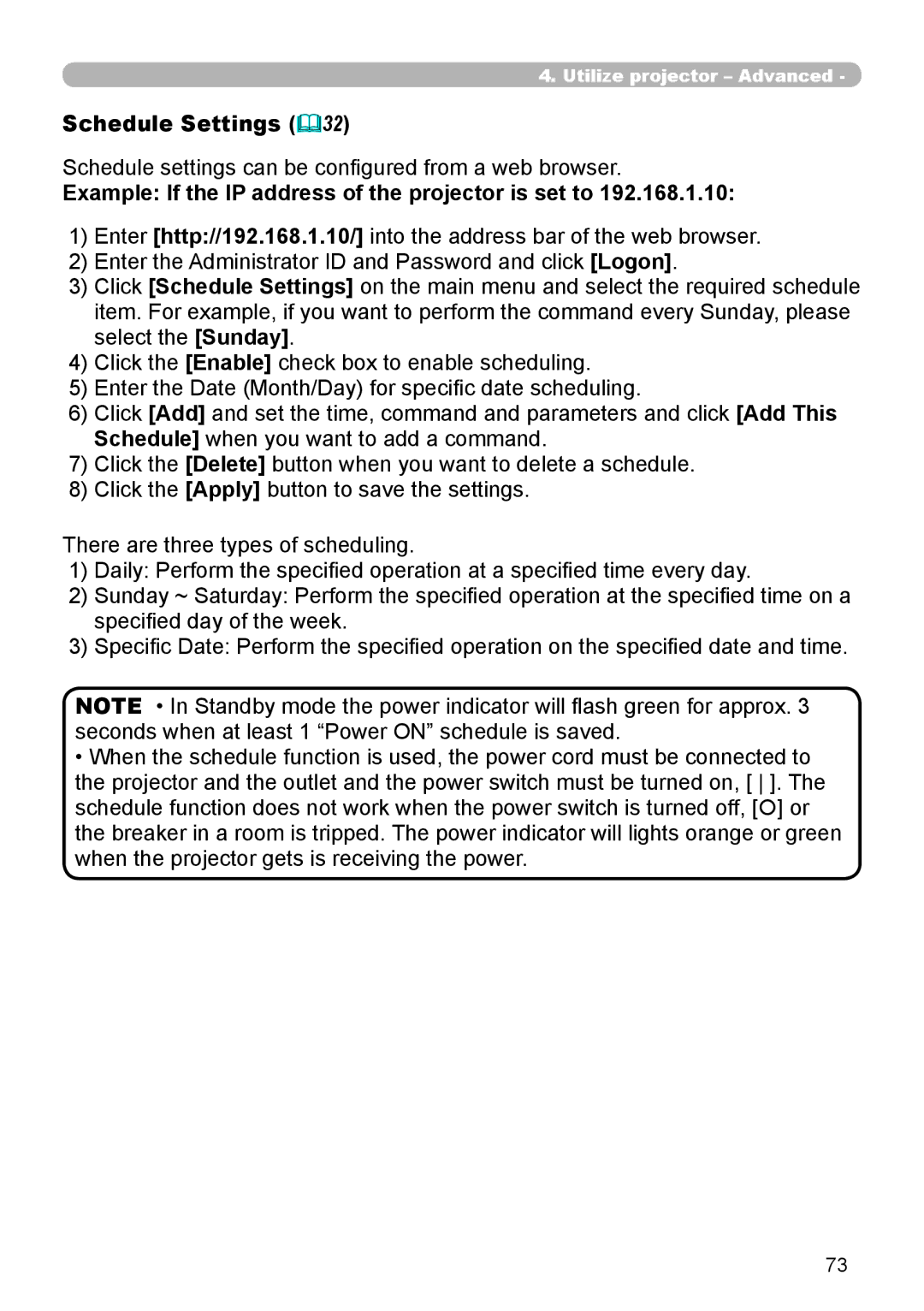 Dukane 8944 user manual Schedule Settings 32, Schedule settings can be configured from a web browser 