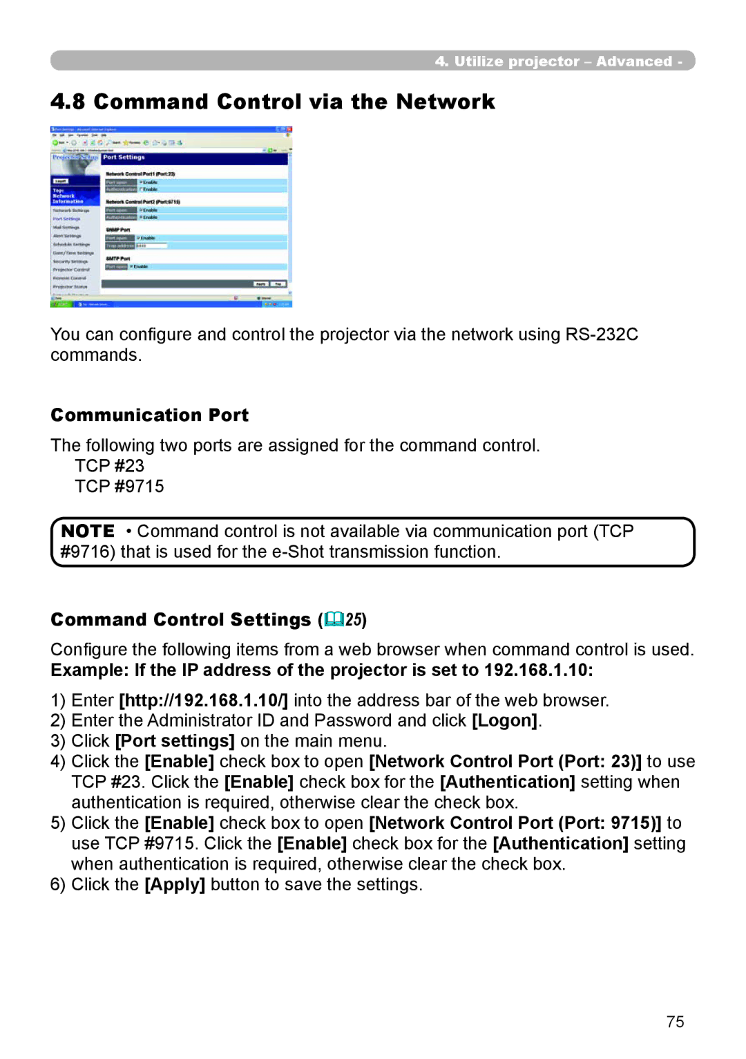 Dukane 8944 user manual Command Control via the Network, Communication Port, Command Control Settings 25 