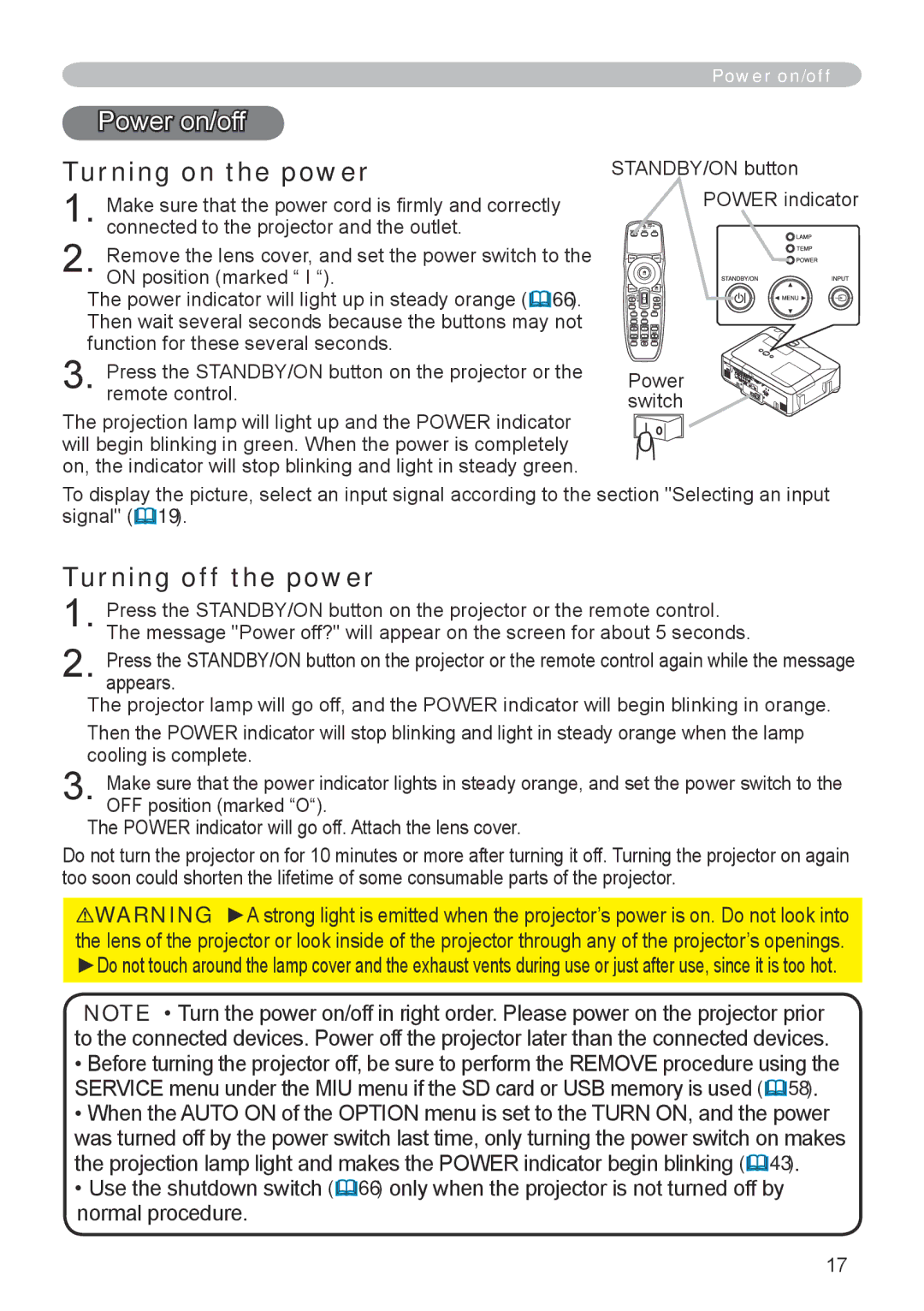 Dukane 8944 user manual Power on/off, Turning on the power, Turning off the power 