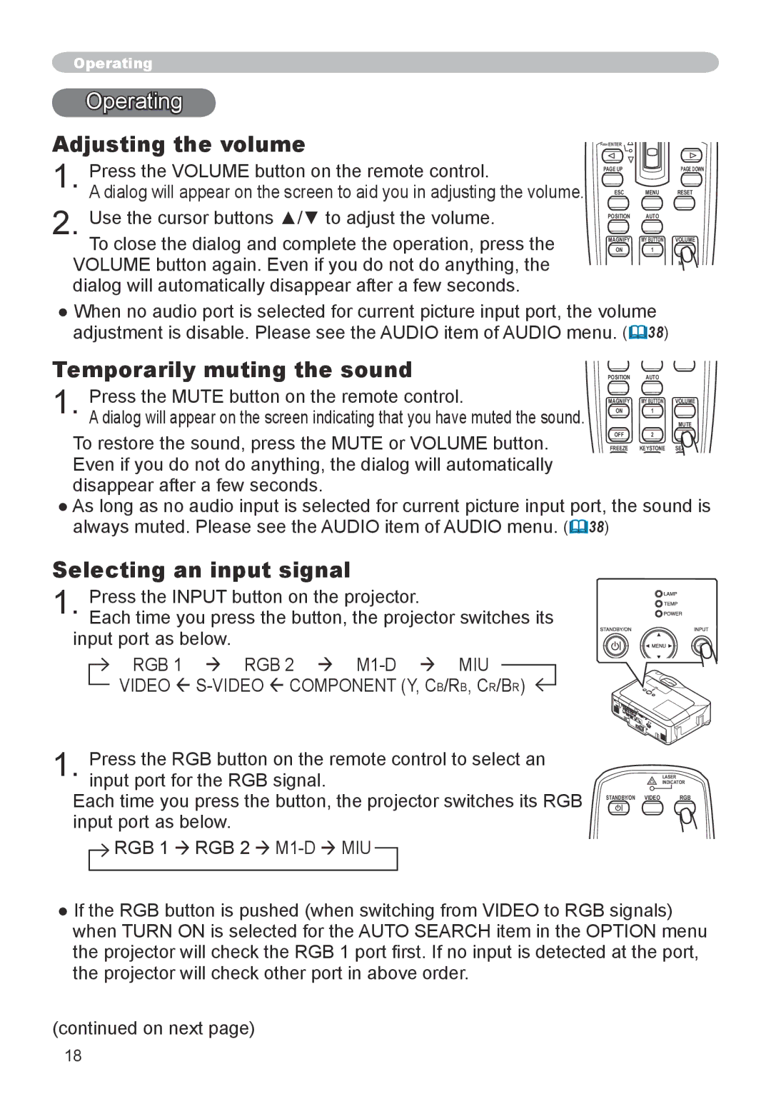 Dukane 8944 user manual Operating, Adjusting the volume, Temporarily muting the sound, Selecting an input signal 