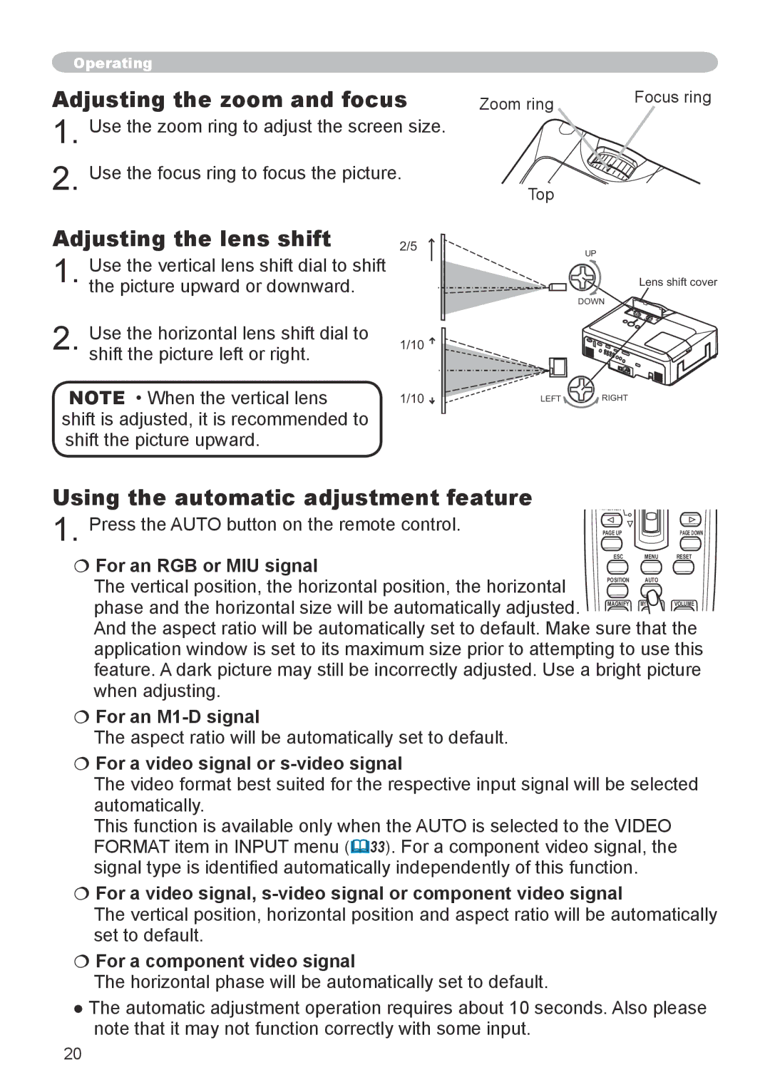 Dukane 8944 user manual Adjusting the zoom and focus, Adjusting the lens shift, Using the automatic adjustment feature 