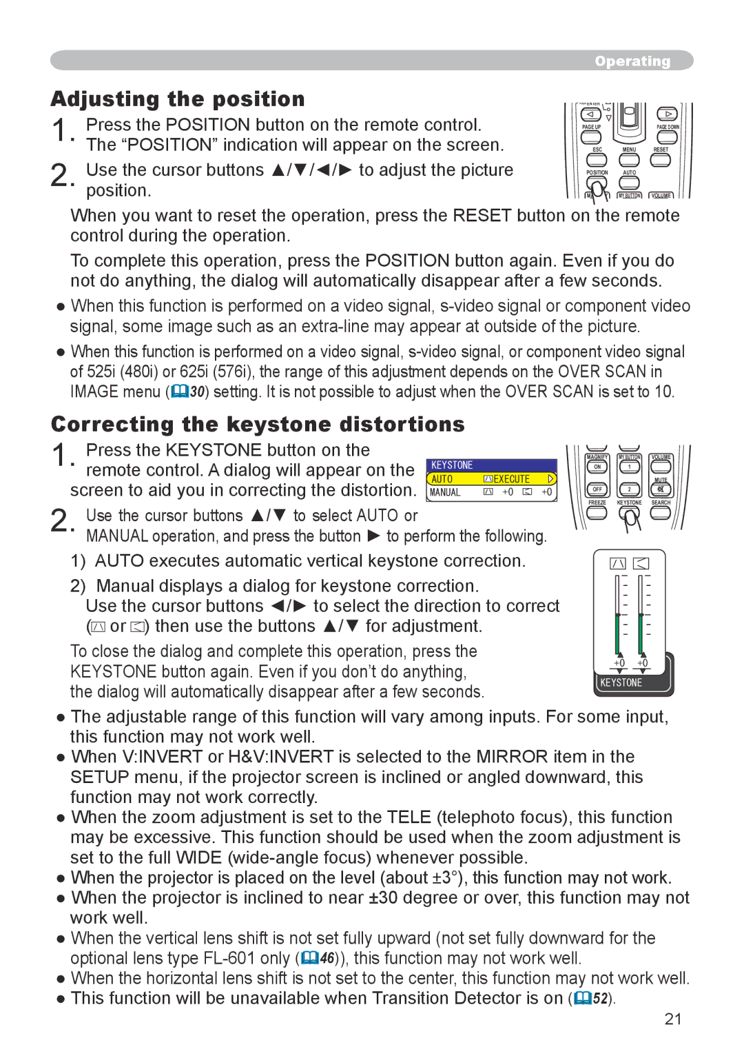 Dukane 8944 user manual Adjusting the position, Correcting the keystone distortions, Press the Keystone button on 