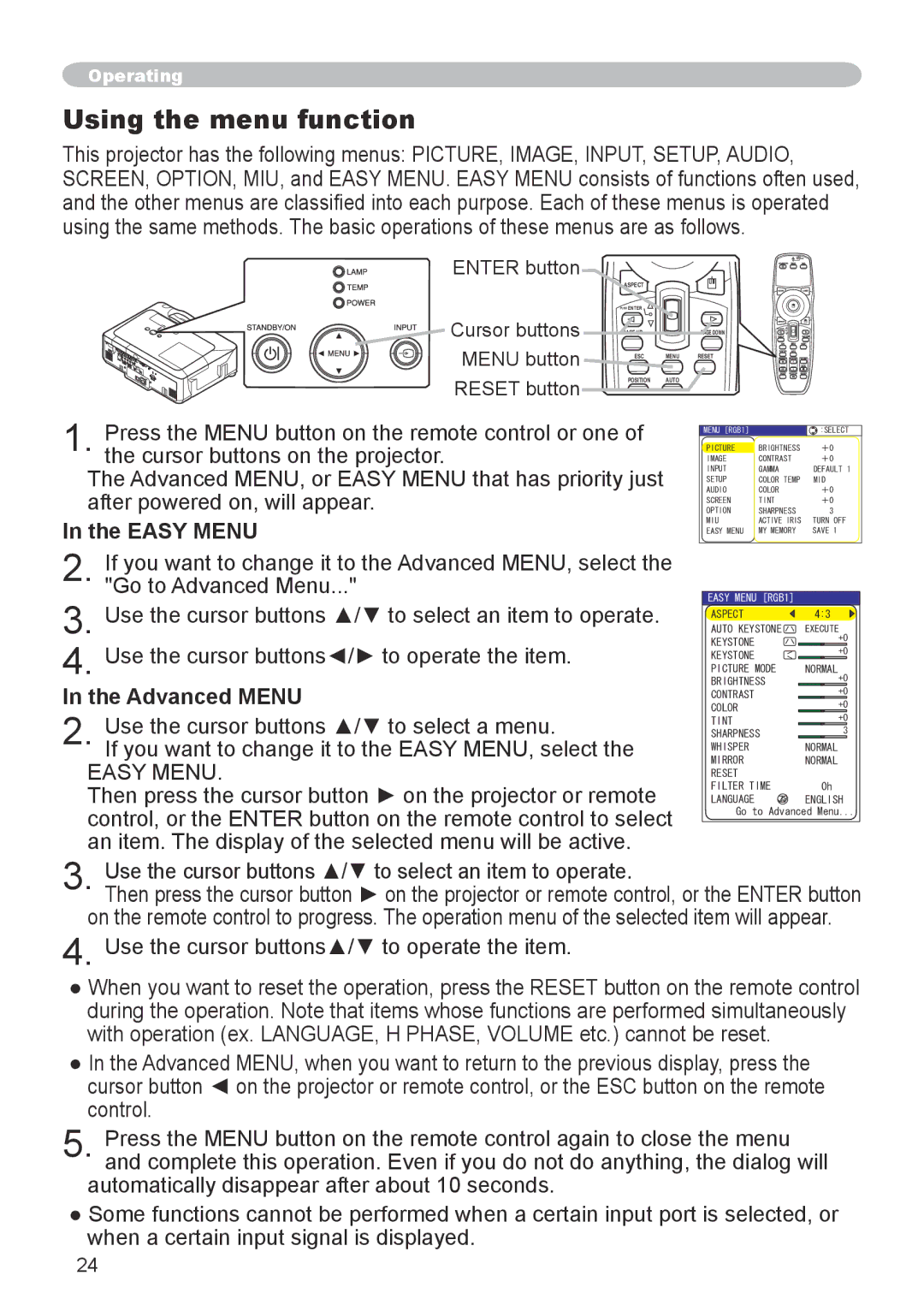 Dukane 8944 user manual Using the menu function, Easy Menu, Advanced Menu 