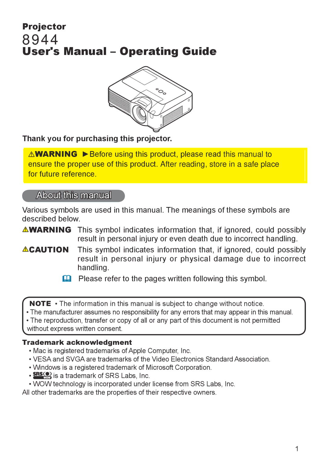 Dukane 8944 user manual About this manual, Thank you for purchasing this projector, Trademark acknowledgment 