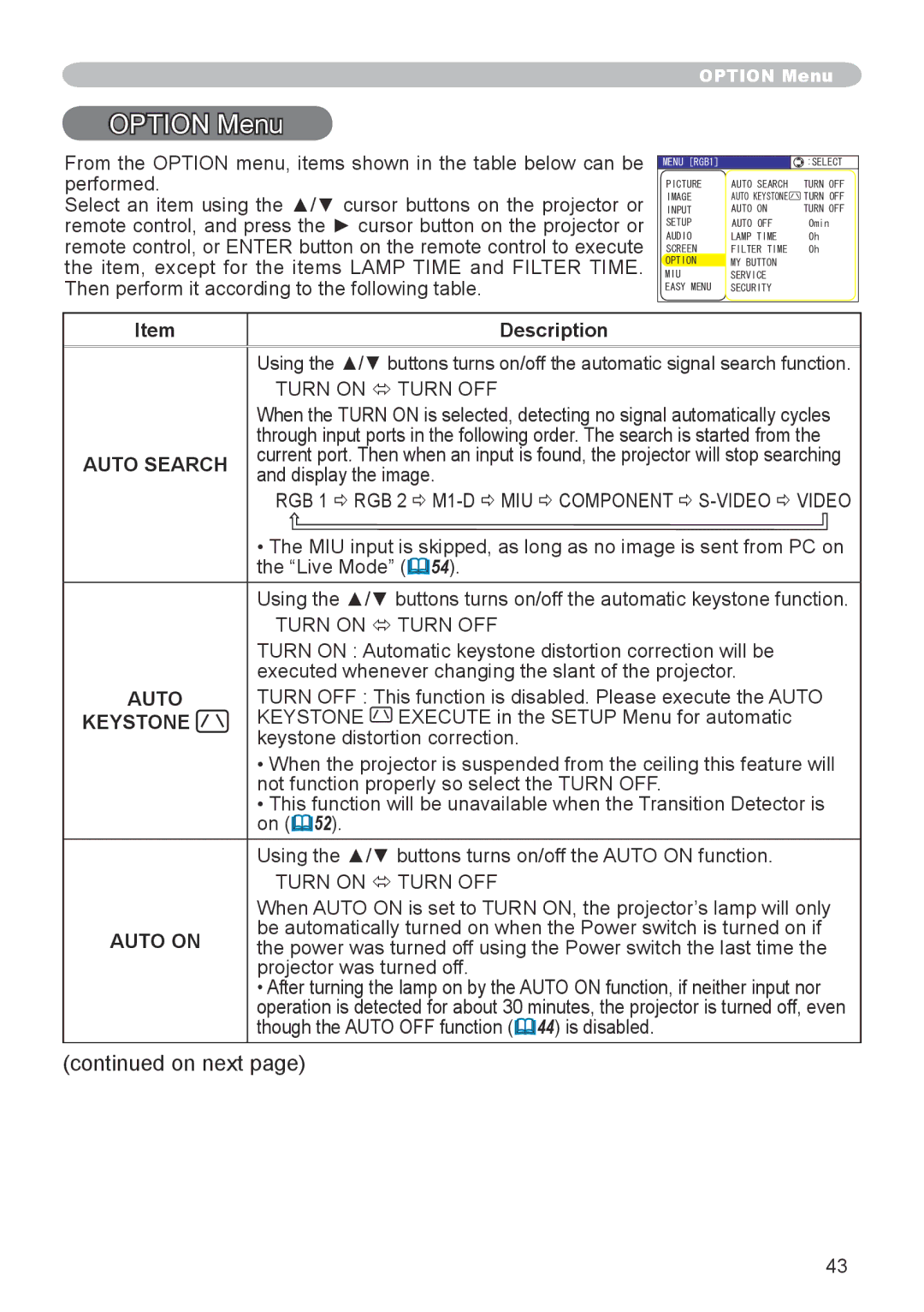 Dukane 8944 user manual Option Menu, Auto Search, Auto on 