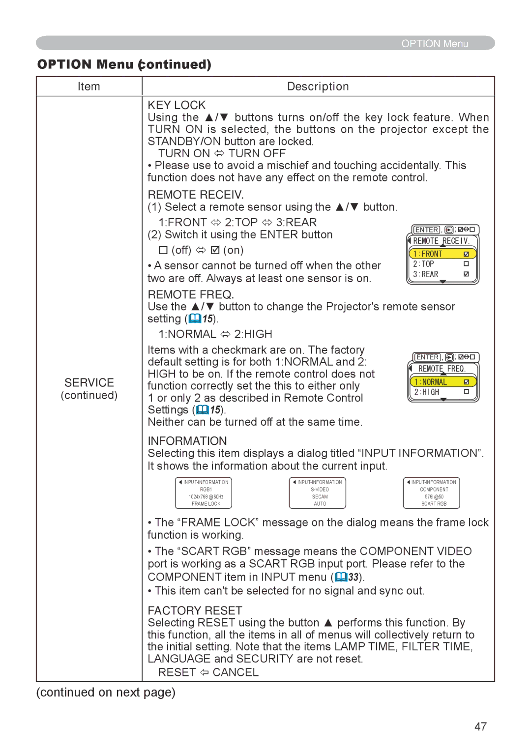 Dukane 8944 user manual KEY Lock, Remote Receiv, Remote Freq, Information, Factory Reset 