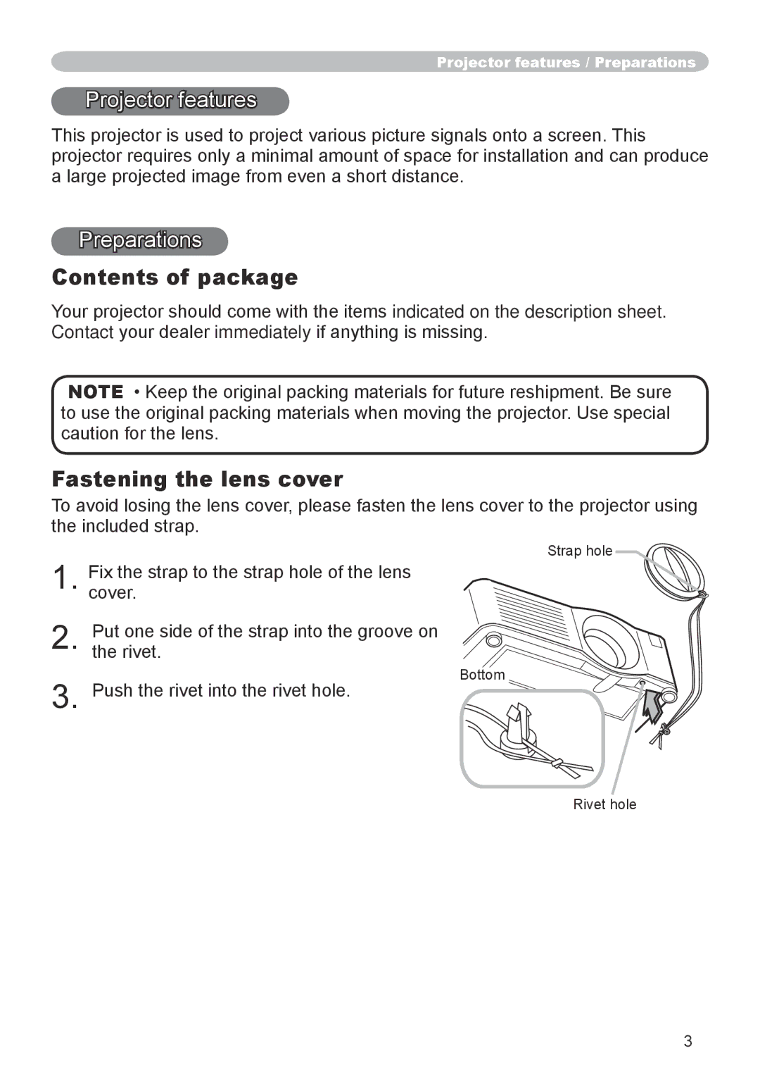 Dukane 8944 user manual Contents of package, Fastening the lens cover 