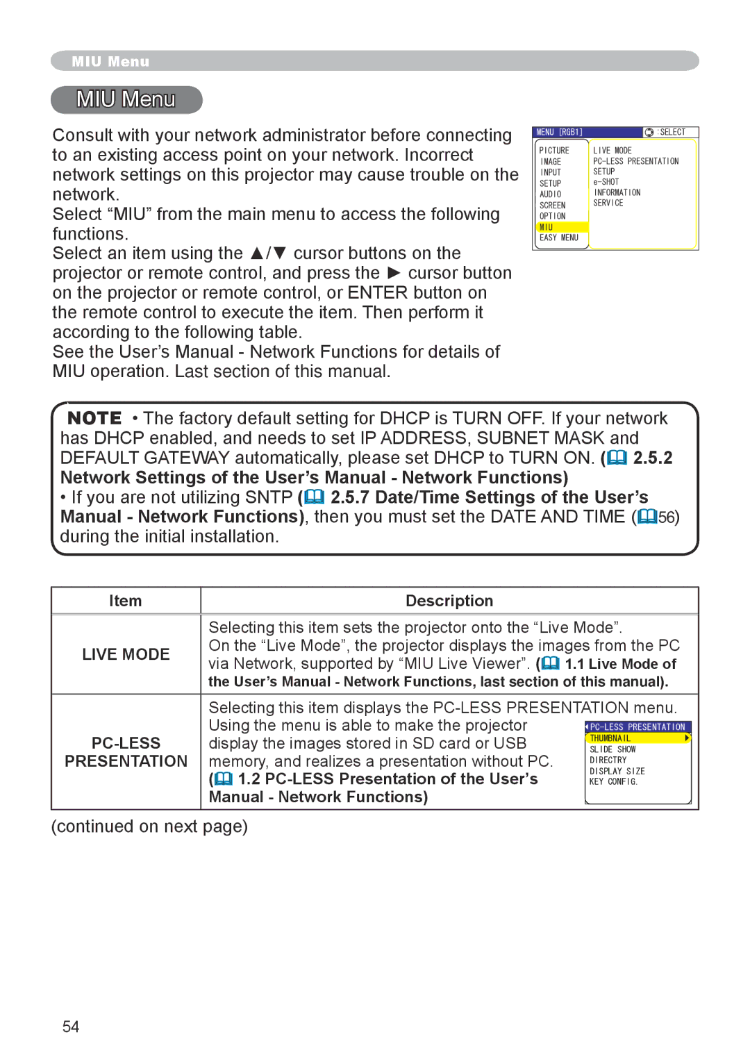 Dukane 8944 user manual MIU Menu, Live Mode, Pc-Less, Presentation 