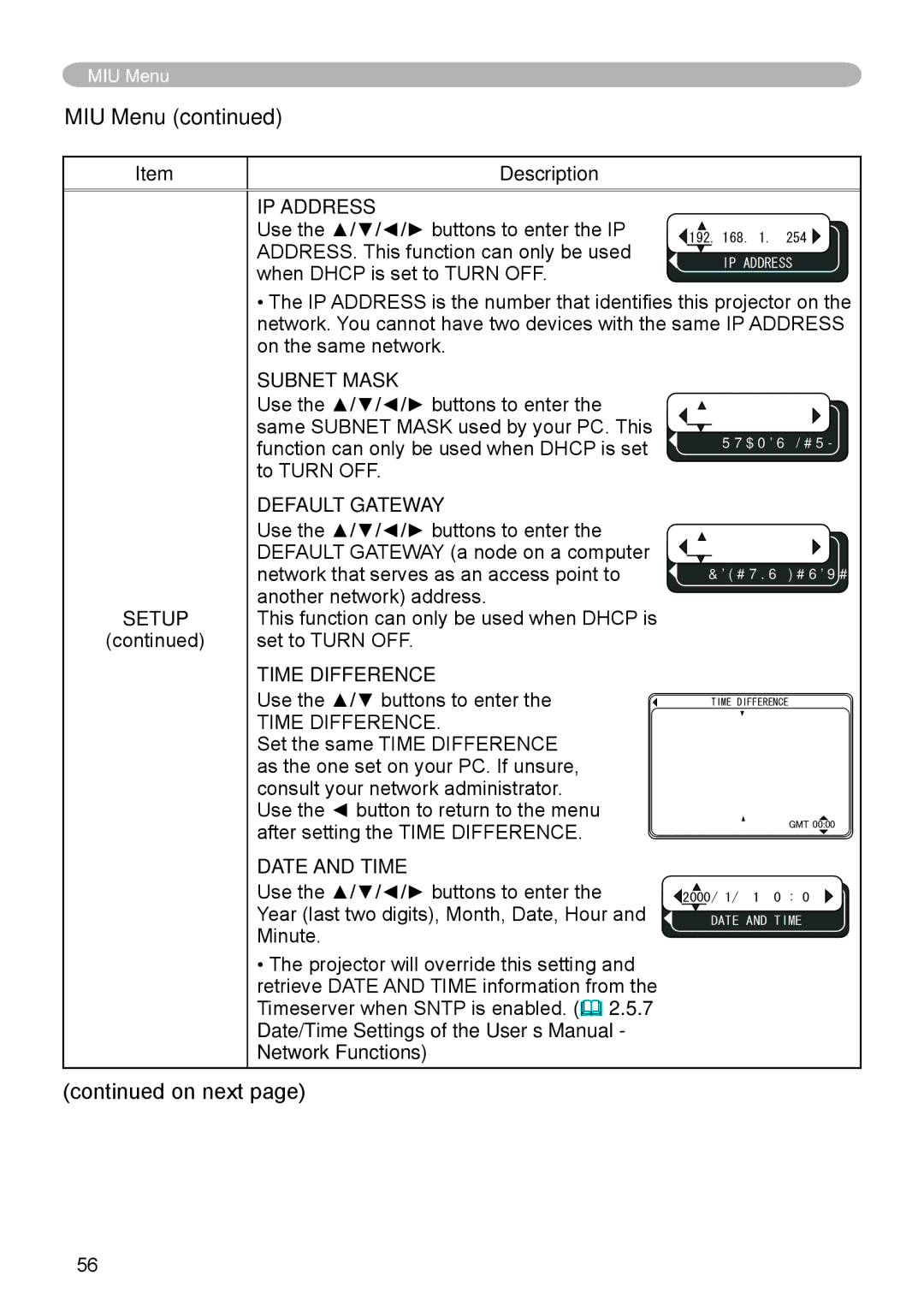 Dukane 8944 user manual IP Address, Subnet Mask, Default Gateway, Time Difference, Date and Time 