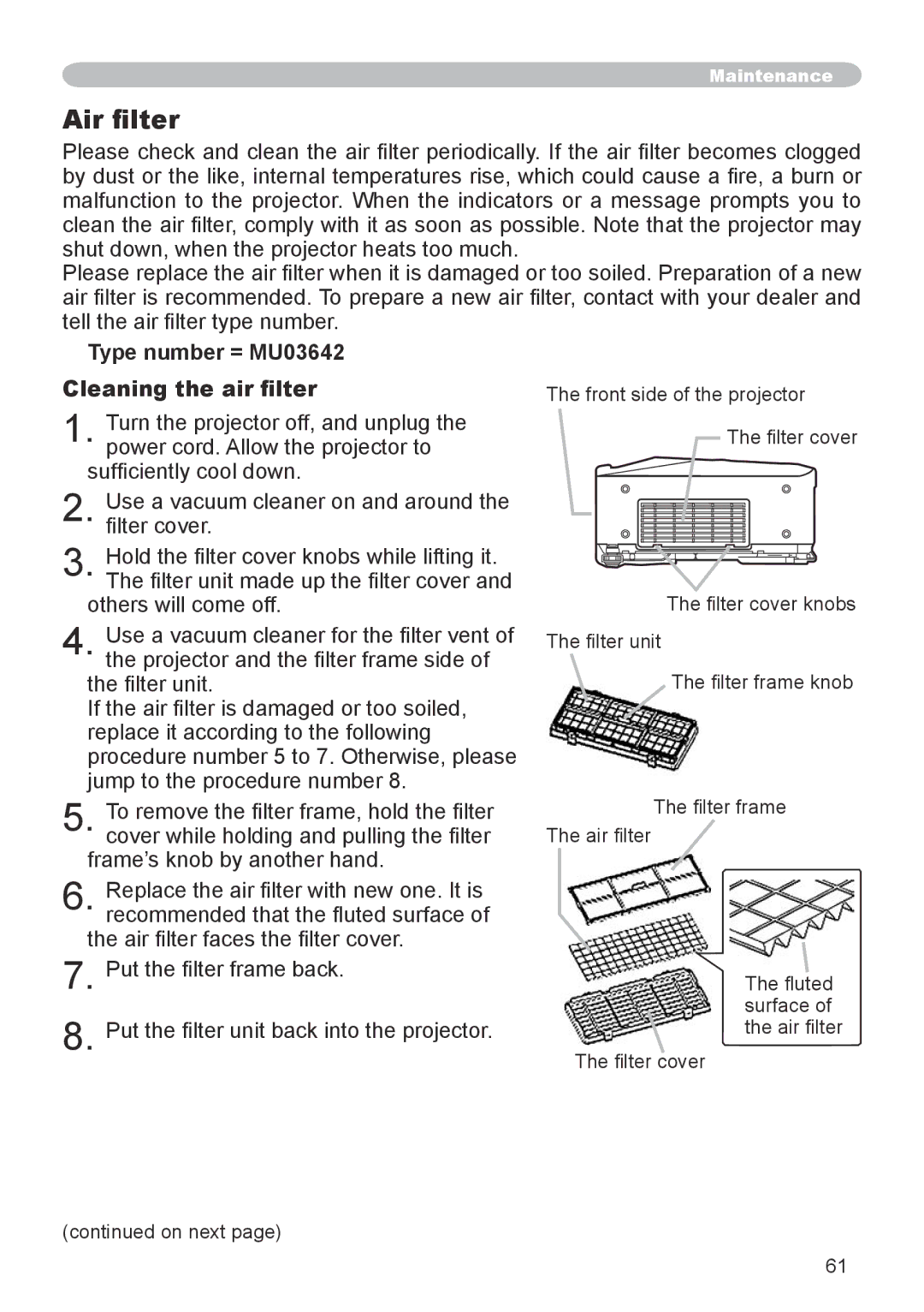 Dukane 8944 user manual Air filter, Type number = MU03642 Cleaning the air filter 