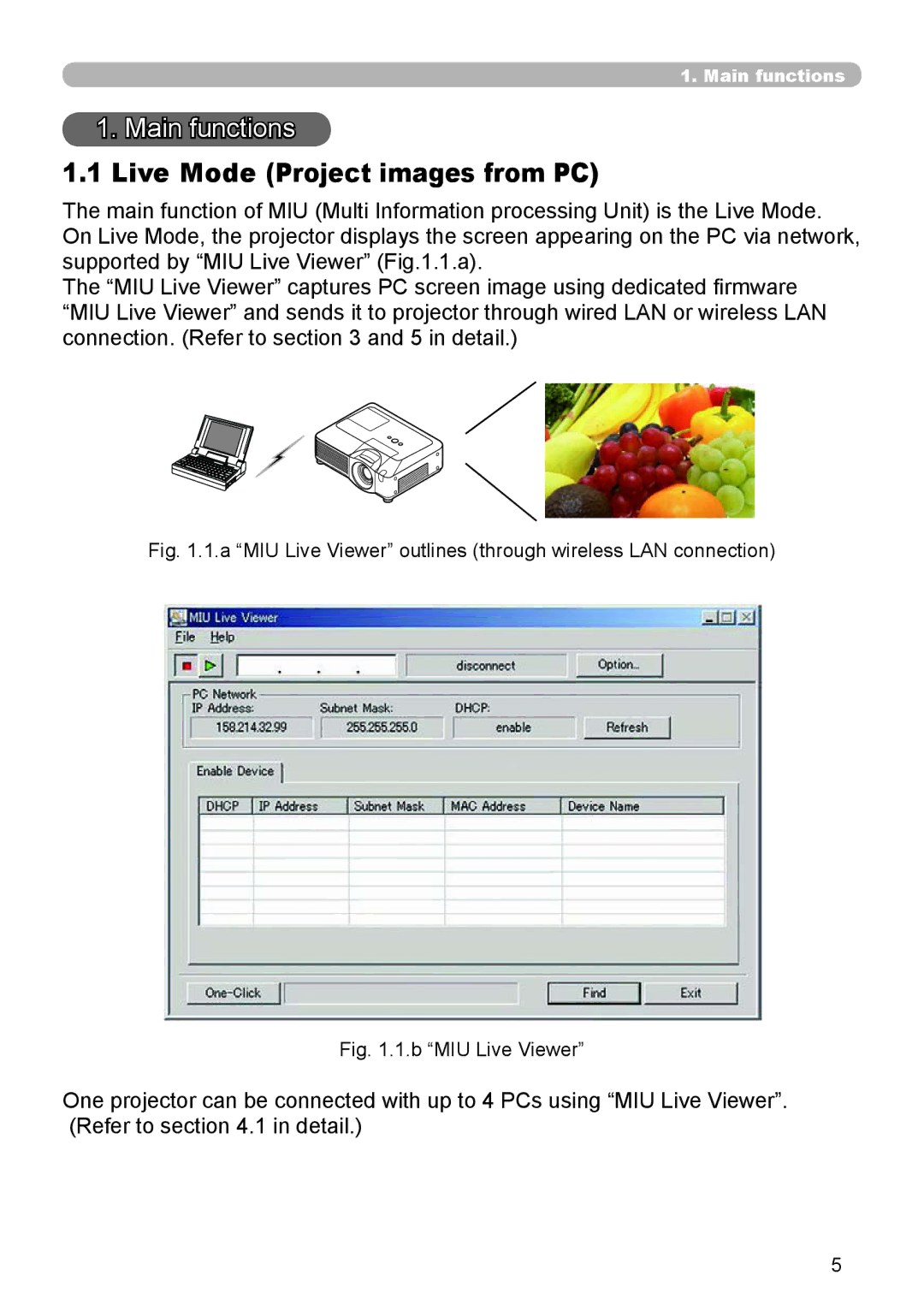 Dukane 8944 user manual Main functions, Live Mode Project images from PC 