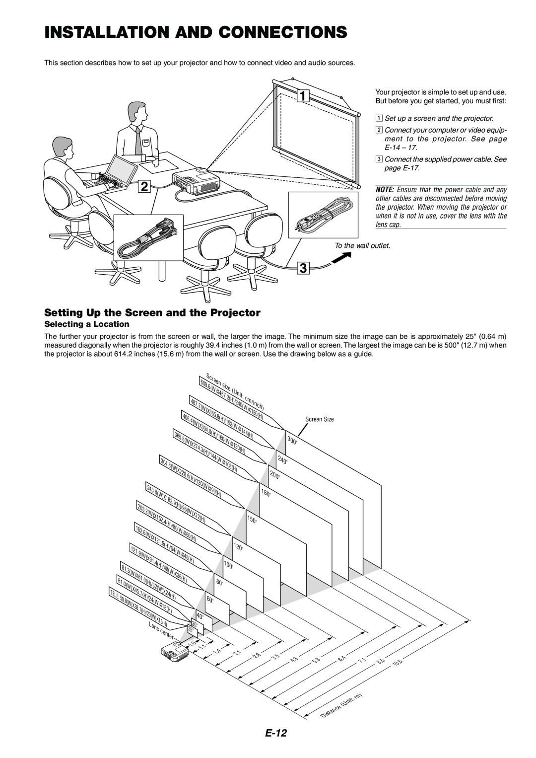 Dukane 8946 user manual Installation and Connections, Setting Up the Screen and the Projector, Selecting a Location 