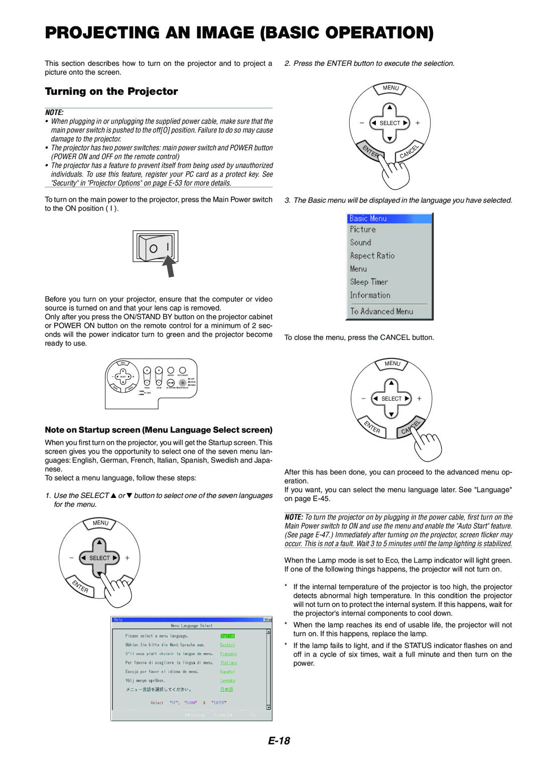 Dukane 8946 Projecting AN Image Basic Operation, Turning on the Projector, Press the Enter button to execute the selection 